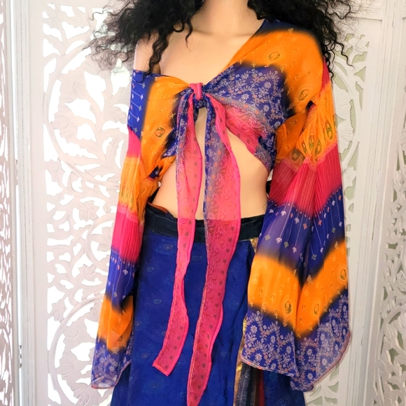 Exotic Blue & Gold Multicolor Silk Cropped Tie Top - Picture 3 of 15